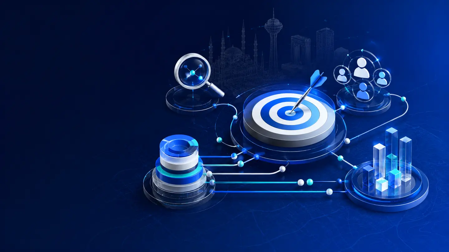 Google Ads kampanya optimizasyonunu temsil eden veri odaklı kurumsal illüstrasyon